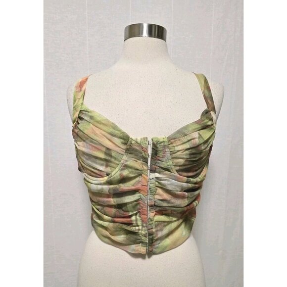 Zara Womens Mesh Crop Corset Top Size Large Green Print - Picture 1 of 7